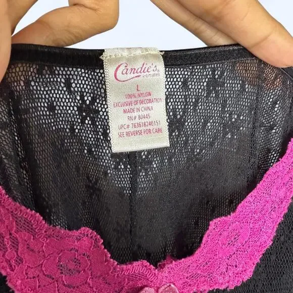 Y2K Candie’s Sheer Black Lace Slip Dress Sz L Pink Trim Lingerie Nightie - Picture 5 of 7